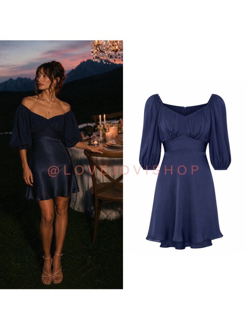 Dress | Altar'd State Satin Navy Off-Shoulder Puff Sleeve Dress | Poet Sash | S
